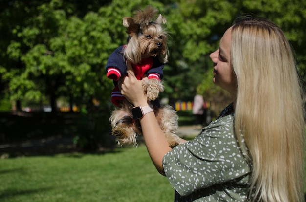 犬種ヨークシャーテリアを抱き締めるヨークシャーテリアの女の子