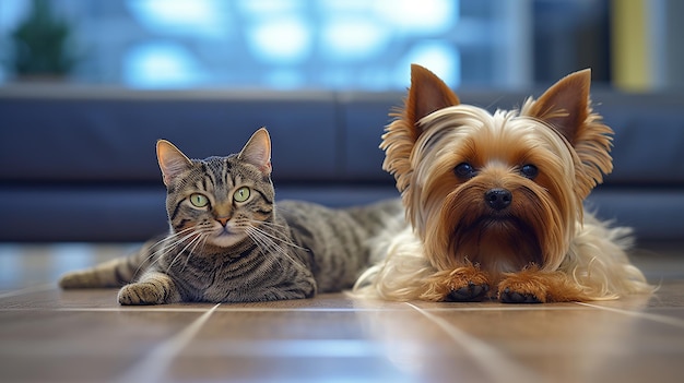 A yorkshire terrier and a gray cat sprawled out on the floor of a TV rooma yorkshire terrier and a gray cat sprawled out on the floor of a TV room Generative AI