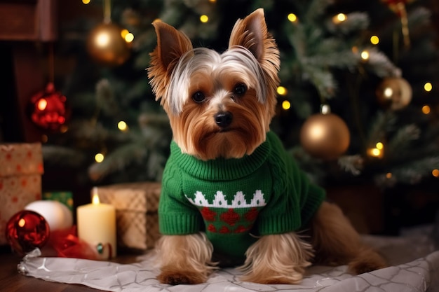 Yorkshire Terrier hond draagt lelijke trui op de vloer in een kamer versierd met kerstversieringen