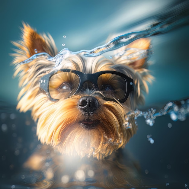 Yorkshire Terrier in zonnebril surfen op blauw water Illustratie AI generatief
