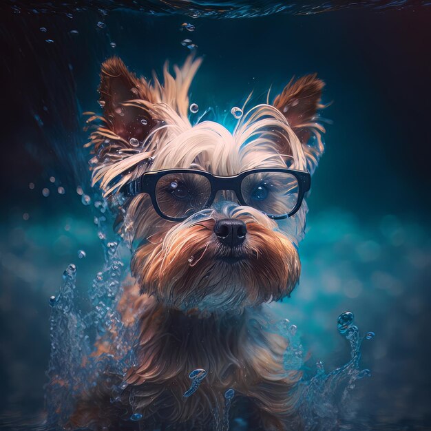 Yorkshire Terrier in zonnebril surfen op blauw water Illustratie AI generatief