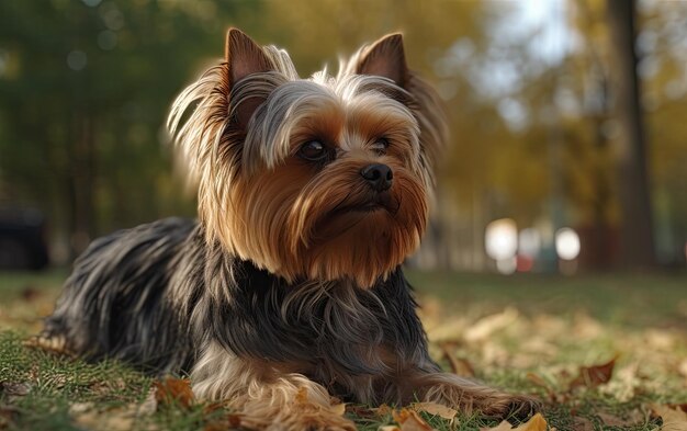 Photo yorkshire terrier is sitting on the grass in the park professional advertising post ai generated