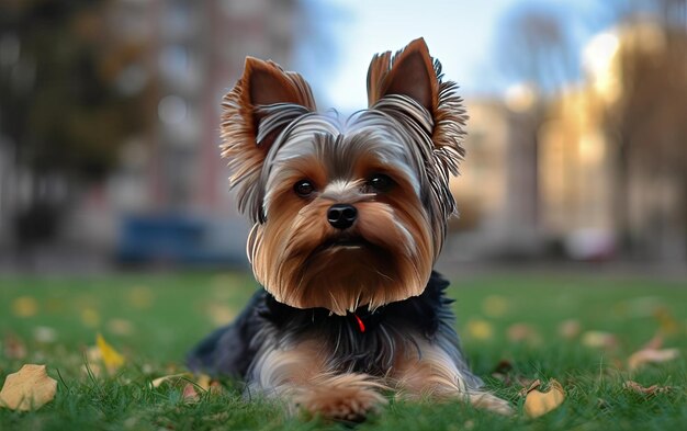Yorkshire Terrier is sitting on the grass in the park professional advertising post ai generated