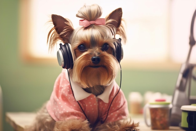 Photo yorkshire terrier in pink clothes with a bow on her head ai generative