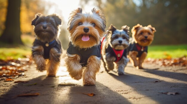 Foto i cuccioli di yorkshire terrier corrono allegramente nel parco