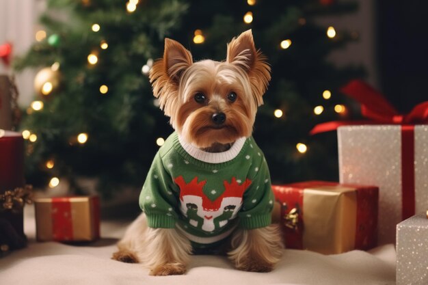 Щенок йоркширского терьера, одетый в уродливый свитер, лежит на полу на празднично украшенной рождественской елке в комнате
