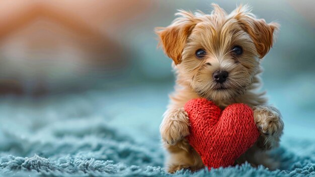 Yorkshire Terrier puppy met een rood hart op het bed