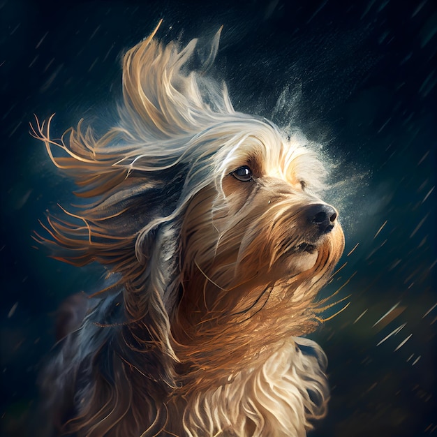 Yorkshire Terrier in the rain on a dark background Digital painting