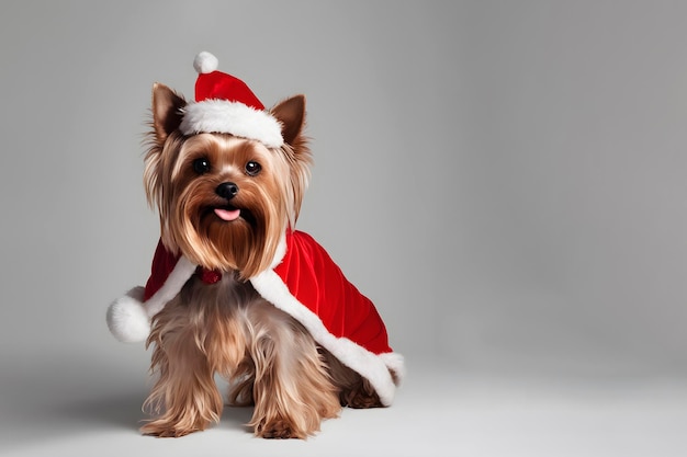 yorkshire terrier in santa costume on gray background