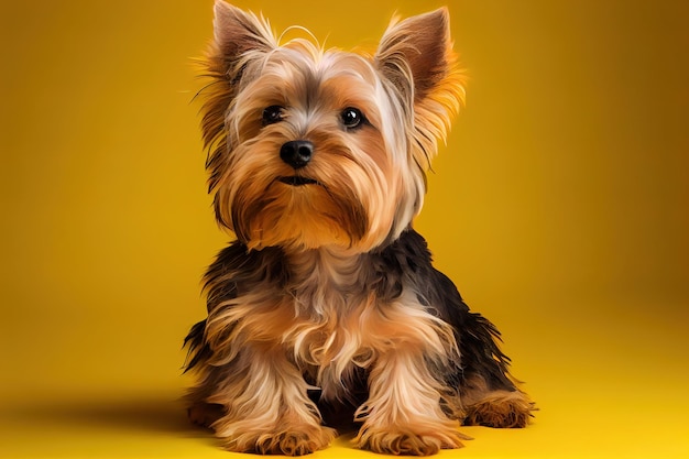黄色の背景に座っているヨークシャー テリア シベリアーノ犬
