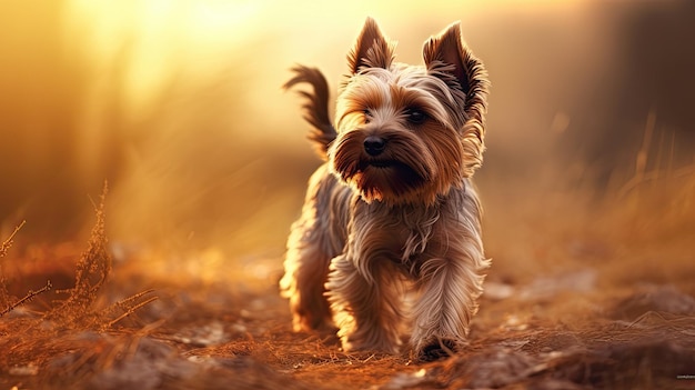 Yorkshire Terrier walking during sunset blurred and tinted picture 2018 is the year of the dog in the Chinese lunar zodiac calendar