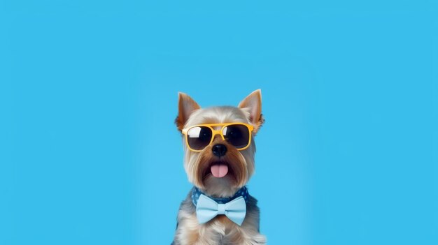 Yorkshire terrier wearing glasses on blue background