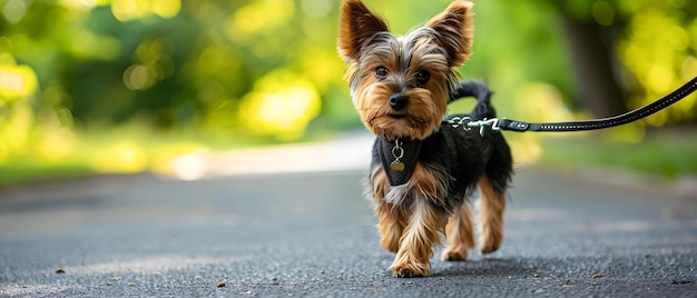 Yorkshire terrier with a short haircut walking on a leash along an asphalt path on a sunny day Concept Yorkshire Terrier Short Haircut Walking on a Leash Asphalt Path Sunny Day