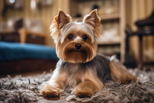 Yorkshire terrier with wool lying around him
