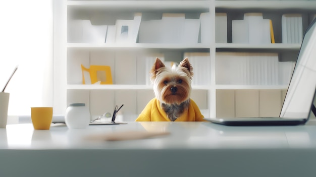 Yorkshire terrier in a yellow sweater and sitting in the workroom with pile of books