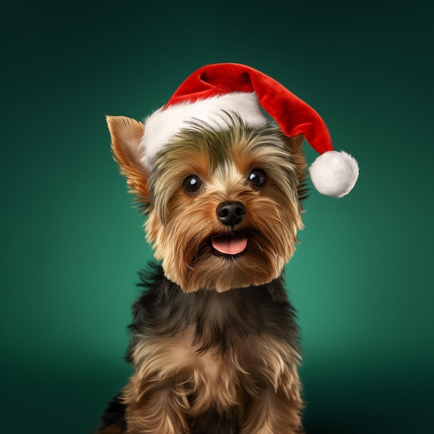 yorkshite dog wearing santa claus hat