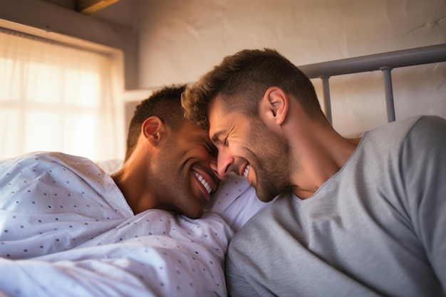 Ты прекрасная часть моей жизни гей-парная душа мужчины обнимаются в постели романтические чувства любовь ЛГБТ-концепция