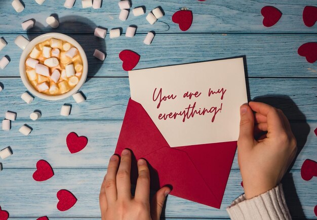 You are my everything valentine text female hands holding valentine card red envelope with white cup