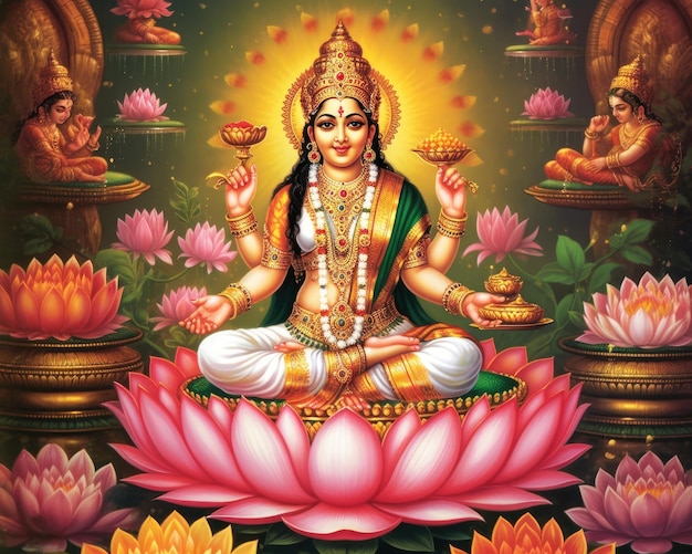 You can download pictures of Maha Lakshmi the goddess on a lotus flower Generative AI