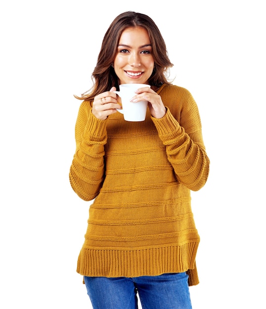 You cant say coffee without a smile Studio shot of a woman drinking coffee against a white background