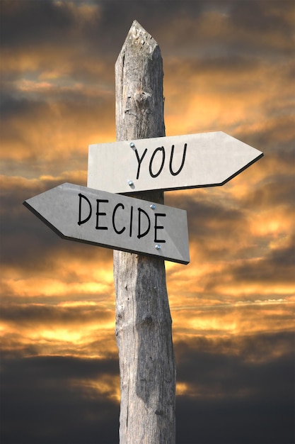 You decide wooden signpost with two arrows and sunset sky