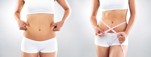 Photo you have to pick a side eventually studio shot of an unrecognizable woman showing two sides of weight loss and weight gain against a grey background