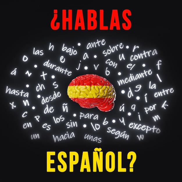 Photo do you speak spanish translation learning foreign language human brain spain flag letters article word preposition vocabulary grammar 3d render study online course education listening reading fluency