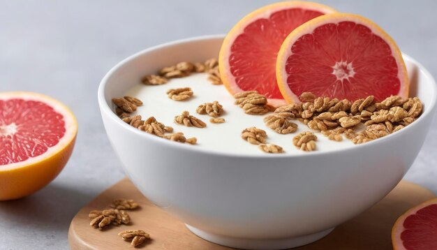 Photo yougurt bowl with grapefruit slices honey and granola