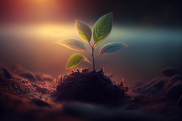 Photo yound sprout seedling growing out of soil with dawn light shining