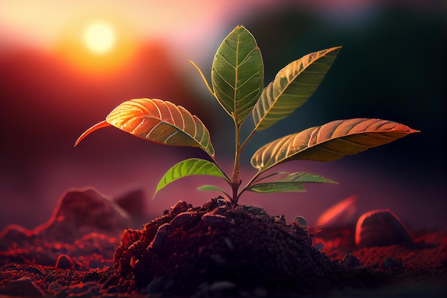 Yound sprout seedling growing out of soil with dawn light shining