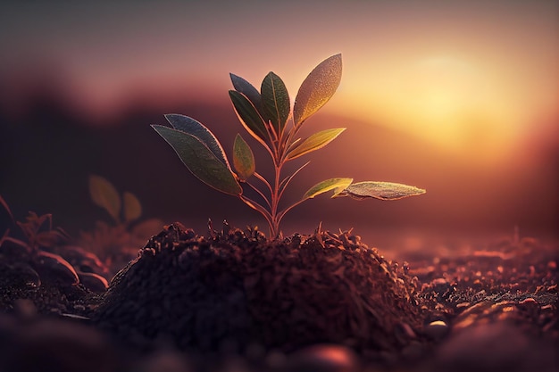 Photo yound sprout seedling growing out of soil with dawn light shining