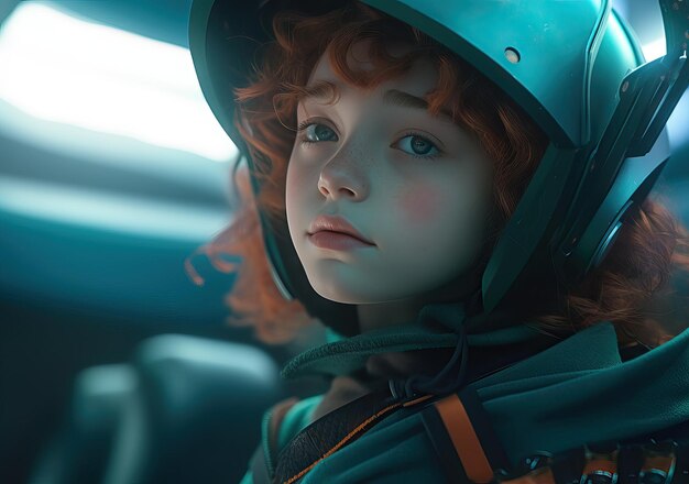 Younf Vrouwelijke astronaut in een ruimteschip met cinematische tonen film frame beeld futuristisch beeld