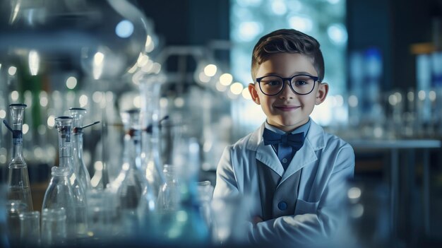 young 8 yo boy inventor scientist in modern laboratory