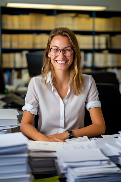 Foto giovane contabile con gli occhiali che sorride seduta alla scrivania al lavoro