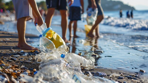 Foto giovani attivisti che raccolgono spazzatura sulla spiaggia dell'oceano