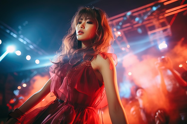 Young adorable asian k pop idol girl on scene under the party lights