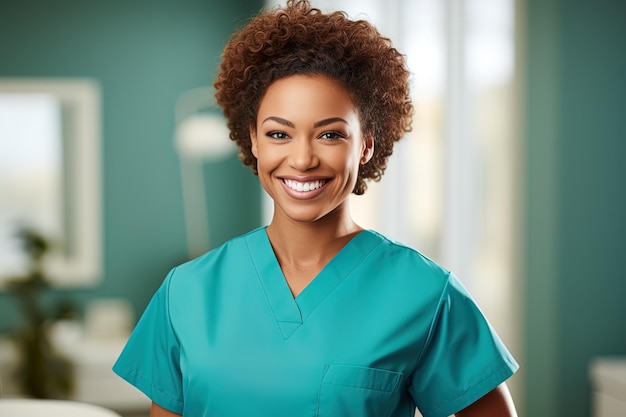 Photo young adorable curly african american woman in blue uniform scrubs on hospital blurred background