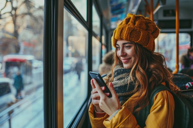 Young adorable joyful woman is standing on the bus using the phone and smiling