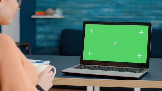 Young adult analyzing laptop display with green screen in living room, using mockup template with isolated copy space and blank chrma key background on computer. Remote school student