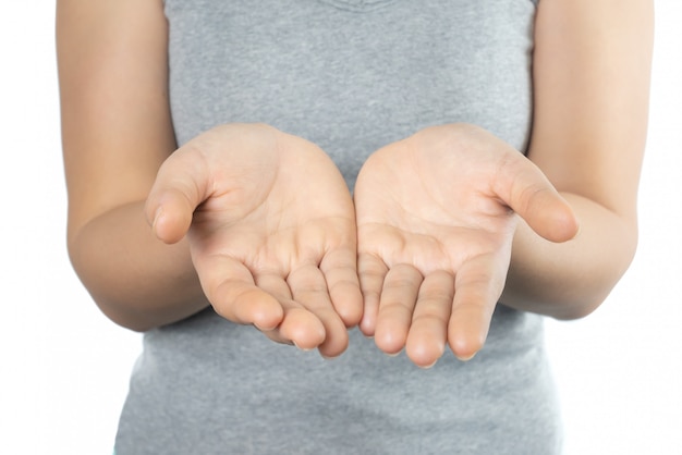 Young adult asian woman showing open Empty hand palm for product