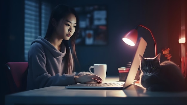 Молодая взрослая азиатская женщина, использующая ноутбук, сидит за рабочим столом со своими кошками в домашней комнате или офисе вечером. Нейронная сеть, сгенерированная в мае 2023 года.
