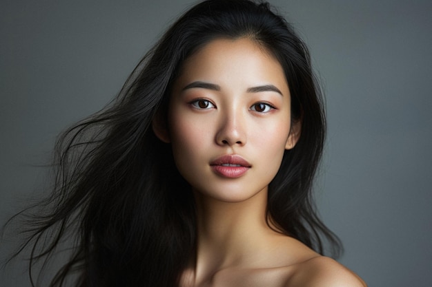 Молодая взрослая азиатка с макияжем, длинными волосами на сером портрете