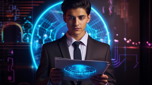 Young adult businessman holding a holographic chart