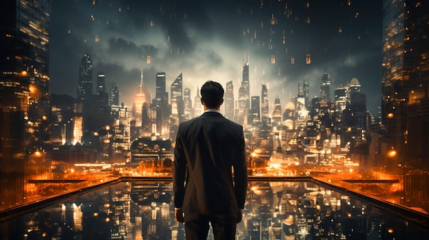 Young adult businessman in suit standing in glowing skyscraper