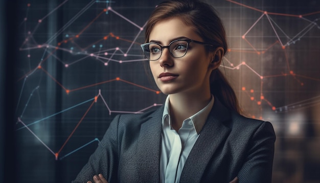 Young adult businesswoman looking at glowing futuristic chart on computer generated by AI