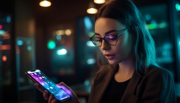 Young adult businesswoman sitting indoors illuminated by smart phone light generated by AI