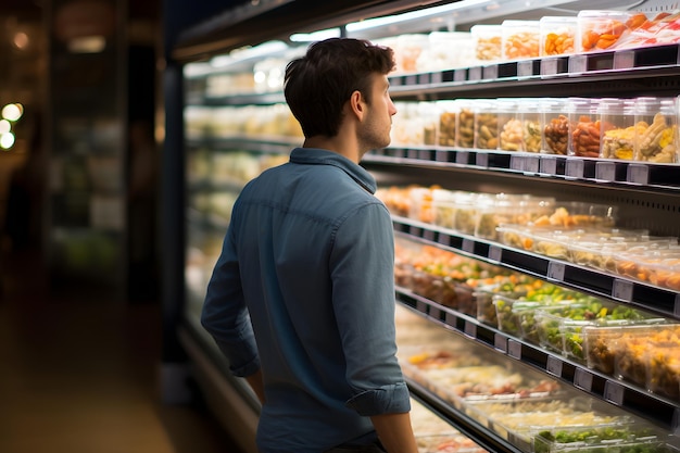 Young adult caucasian man choosing a product in a grocery store neural network generated