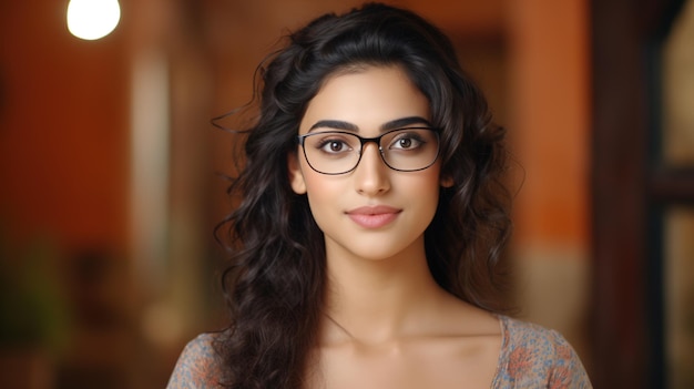 Young Adult Confident Attractive Indian Woman Beautiful Lady Wearing Glasses Close Up