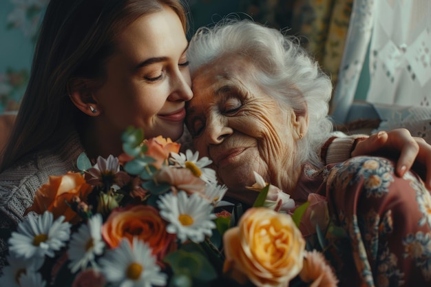 Photo young adult daughter celebrates elderly mothers birthday with gifts