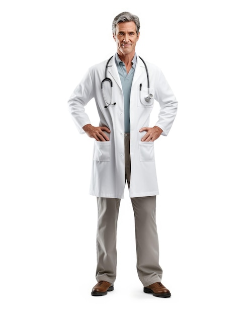 Young adult doctor in lab coat standing with medical supplies looking at camera